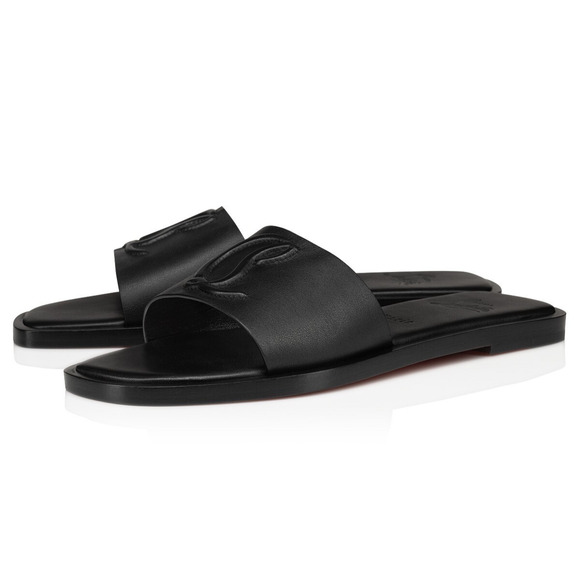 Christian Louboutin CL Mule Flat Black Leather Logo Slide Slip On Sandal 36 - Picture 1 of 16